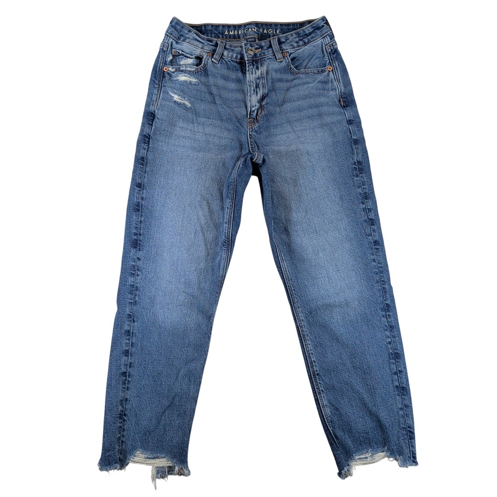 American Eagle Mom Jean Strigid High Rise Distressed Raw Hem Blue Size 4 X-Short